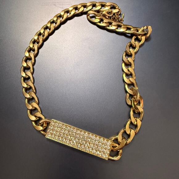 Thick Gold Tone Choker Chain Rhinestone Necklace - Picture 1 of 8